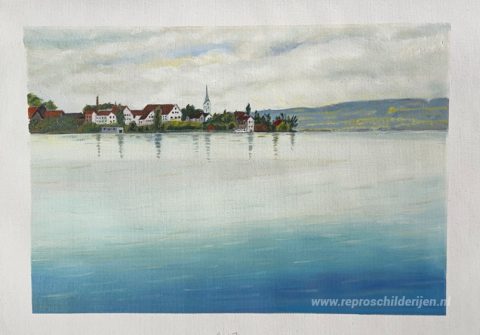 Berlingen gezien vanaf de Untersee – met de hand geschilderde reproductie, foto van het voltooide schilderij
