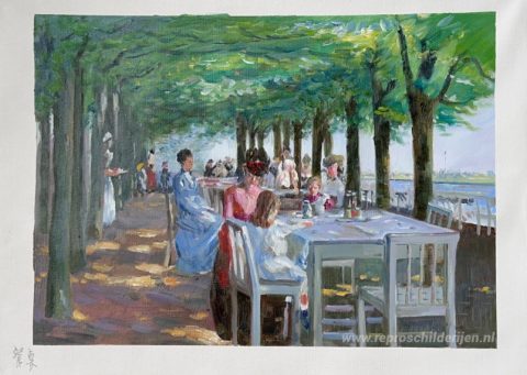 Het terras bij restaurant Jacob in Nienstedten aan de Elbe – met de hand geschilderde reproductie, foto van het voltooide schilderij