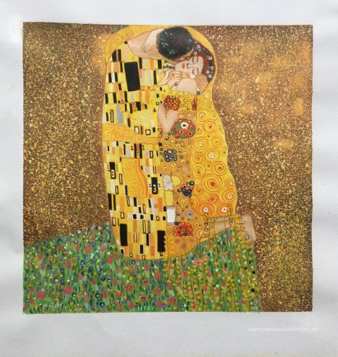 De Kus – met de hand geschilderde reproductie, foto van het voltooide schilderij