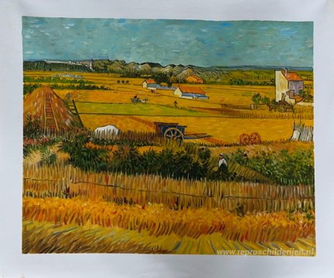 Oogst in La Crau, met Montmajour op de achtergrond – met de hand geschilderde reproductie, foto van het voltooide schilderij