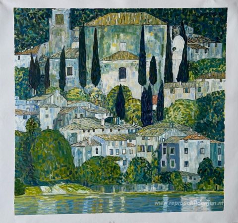 Kerk in Cassone – met de hand geschilderde reproductie, foto van het voltooide schilderij
