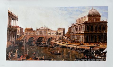 Capriccio: een Palladiaans ontwerp voor de Rialtobrug, met gebou – met de hand geschilderde reproductie, foto van het voltooide schilderij