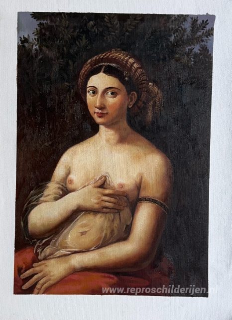 Het portret van een jonge vrouw (La fornarina) – met de hand geschilderde reproductie, foto van het voltooide schilderij
