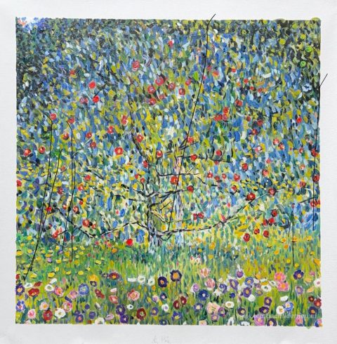 Landtuin met zonnebloemen – met de hand geschilderde reproductie, foto van het voltooide schilderij