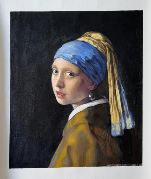 Het meisje met de parel – met de hand geschilderde reproductie, foto van het voltooide schilderij