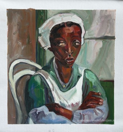 Dienstmeisje in uniform – met de hand geschilderde reproductie, foto van het voltooide schilderij