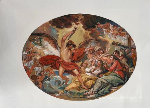 Genie roept de schone kunsten op om fabrieken en handel te versi – met de hand geschilderde reproductie, foto van het voltooide schilderij
