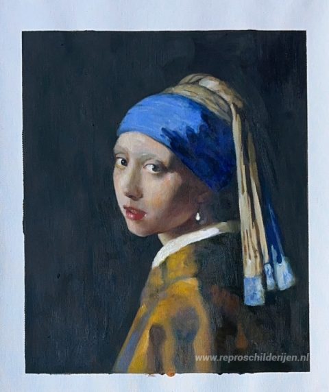 Het meisje met de parel – met de hand geschilderde reproductie, foto van het voltooide schilderij