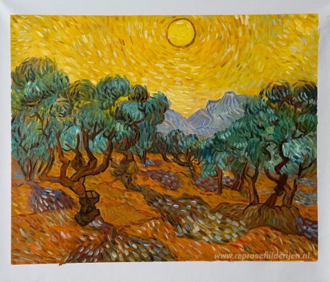 Olijfbomen met gele lucht en zon – met de hand geschilderde reproductie, foto van het voltooide schilderij