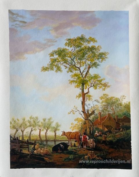 Nederlands landschap met vee en boerderij – met de hand geschilderde reproductie, foto van het voltooide schilderij