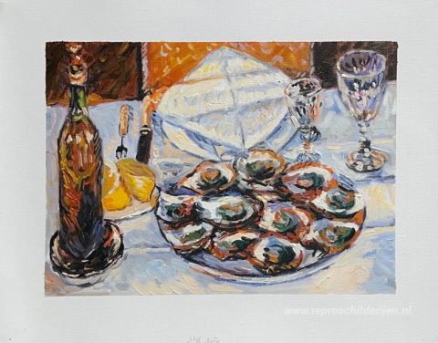 Stilleven met oesters – met de hand geschilderde reproductie, foto van het voltooide schilderij