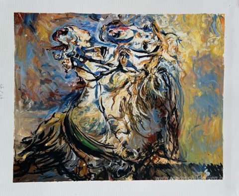 Twee witte paarden – met de hand geschilderde reproductie, foto van het voltooide schilderij