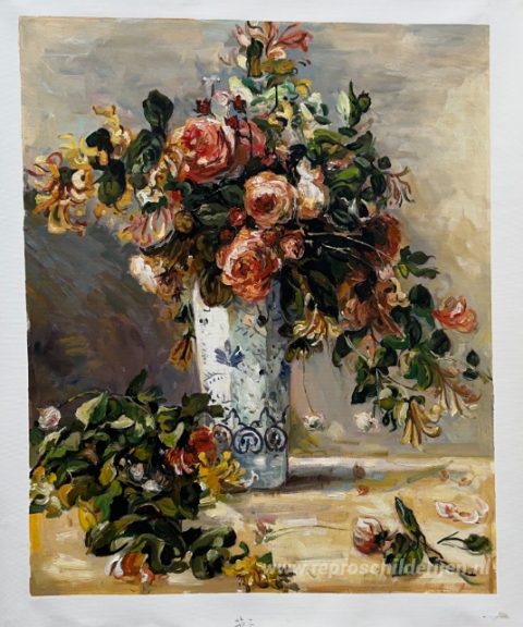 Rozen en Jasmijn in een Delftse Vaas – met de hand geschilderde reproductie, foto van het voltooide schilderij