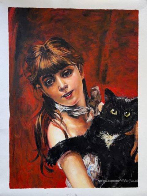 Meisje met zwarte kat  – met de hand geschilderde reproductie, foto van het voltooide schilderij