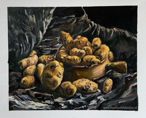 Stilleven met een aarden kom en aardappelen – met de hand geschilderde reproductie, foto van het voltooide schilderij