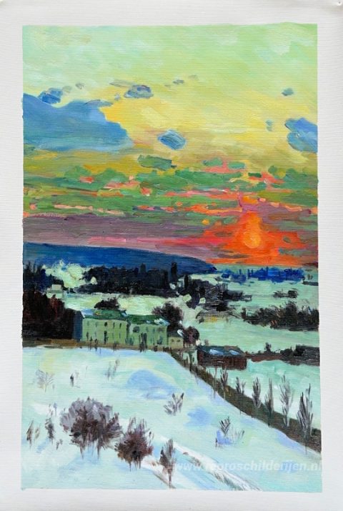 Zonsondergang – met de hand geschilderde reproductie, foto van het voltooide schilderij