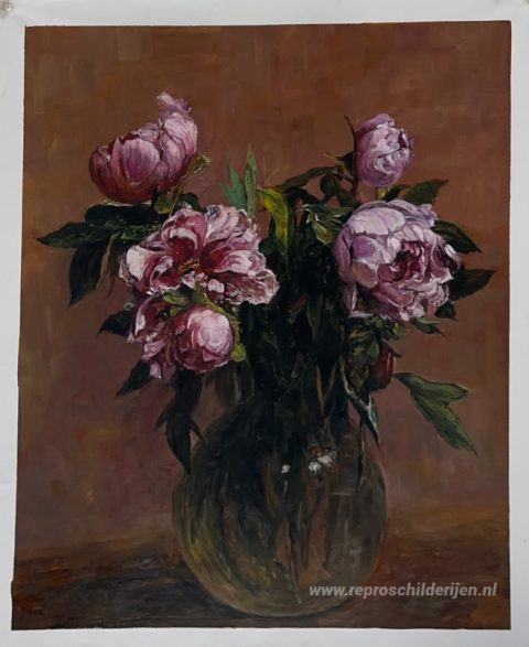 Vaas met pioenrozen – met de hand geschilderde reproductie, foto van het voltooide schilderij