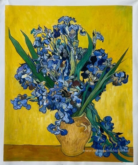 Stilleven met irissen – met de hand geschilderde reproductie, foto van het voltooide schilderij