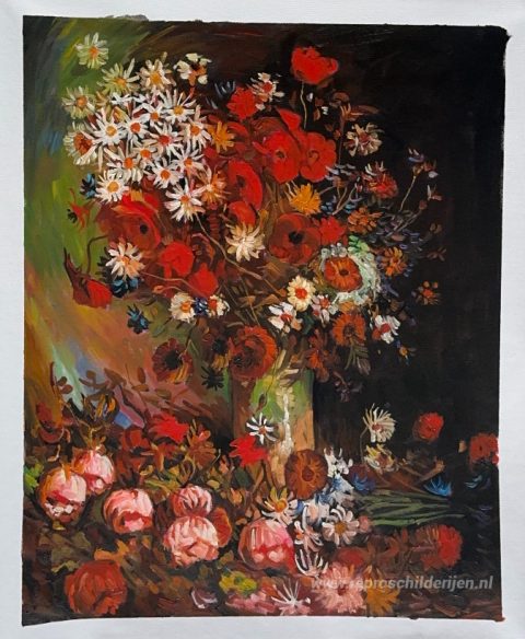 Vaas met klaprozen, korenbloemen, pioenrozen en chrysanten  – met de hand geschilderde reproductie, foto van het voltooide schilderij