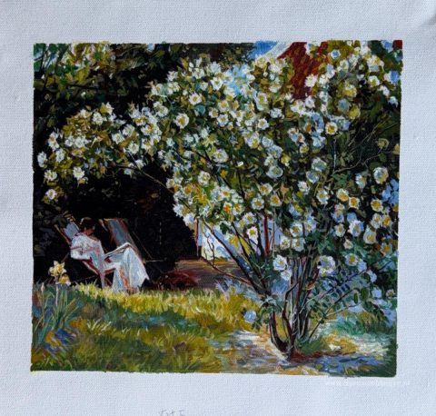 Marie in de tuin (De rozen) – met de hand geschilderde reproductie, foto van het voltooide schilderij