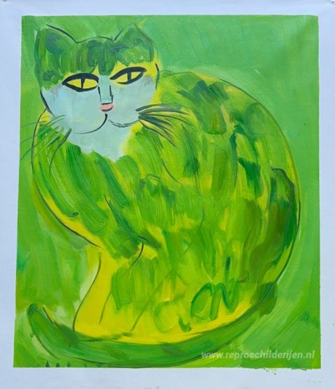 Mooie groene kat – met de hand geschilderde reproductie, foto van het voltooide schilderij