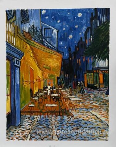 Caféterras bij nacht – met de hand geschilderde reproductie, foto van het voltooide schilderij
