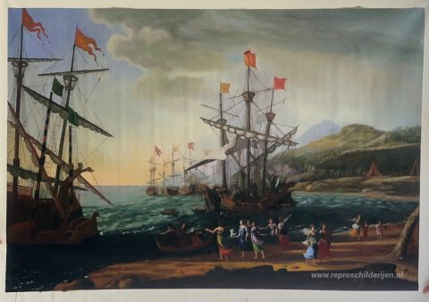 Marine met de Trojanen die hun boten verbranden – met de hand geschilderde reproductie, foto van het voltooide schilderij