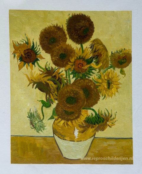 Stilleven - Vaas met vijftien zonnebloemen – met de hand geschilderde reproductie, foto van het voltooide schilderij