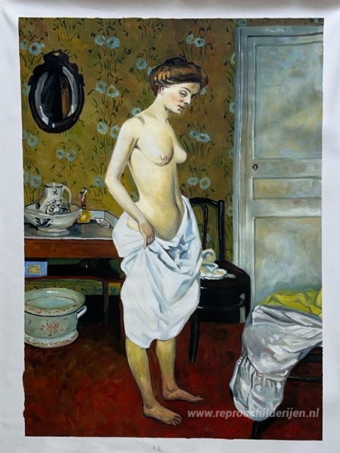 Het toilet – met de hand geschilderde reproductie, foto van het voltooide schilderij