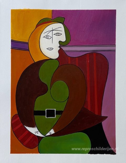 Zittende vrouw in een rode fauteuil – met de hand geschilderde reproductie, foto van het voltooide schilderij