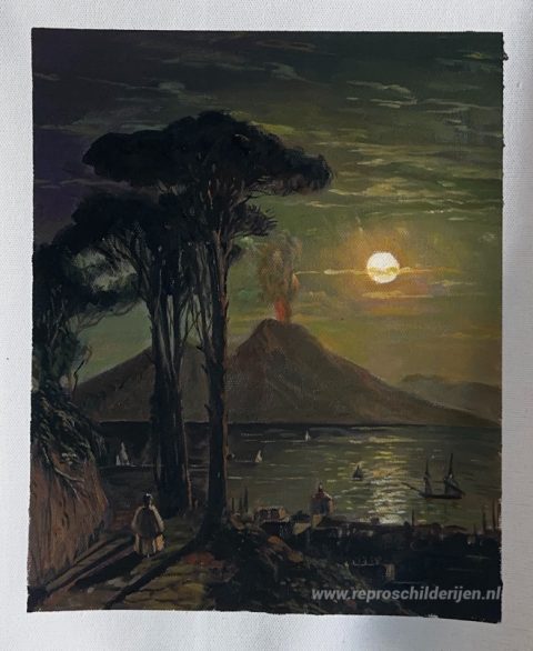 De baai van Napels bij maanverlichte nacht. Vesuvius – met de hand geschilderde reproductie, foto van het voltooide schilderij