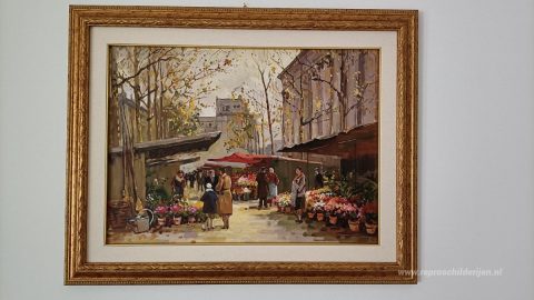 Bloemenmarkt in La Madeleine – met de hand geschilderde reproductie, foto van het voltooide schilderij