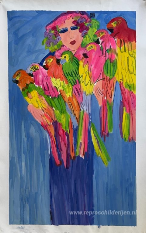 Blauwe Dame met Papegaaien – met de hand geschilderde reproductie, foto van het voltooide schilderij