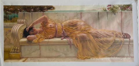 Meisje in gele gordijnen – met de hand geschilderde reproductie, foto van het voltooide schilderij