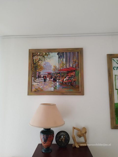 Bloemenverkoper bij La Madeleine – met de hand geschilderde reproductie, foto van het voltooide schilderij