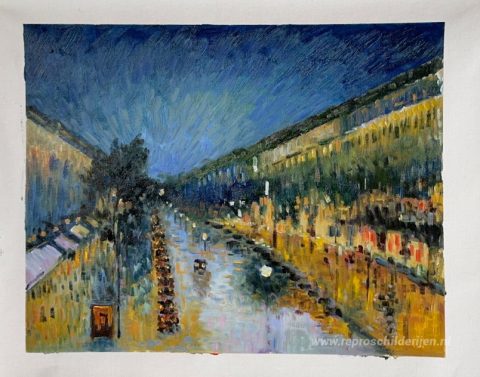 De Boulevard Montmartre bij nacht – met de hand geschilderde reproductie, foto van het voltooide schilderij