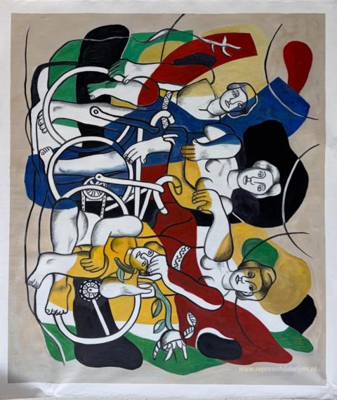 De vier fietsers – met de hand geschilderde reproductie, foto van het voltooide schilderij