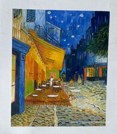 Caféterras bij nacht – met de hand geschilderde reproductie, foto van het voltooide schilderij
