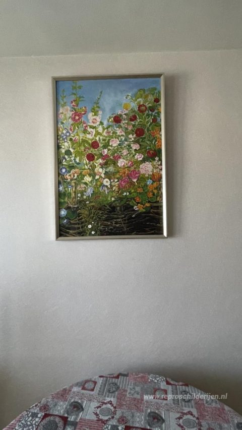 Bloemen bij het hek – met de hand geschilderde reproductie, foto van het voltooide schilderij