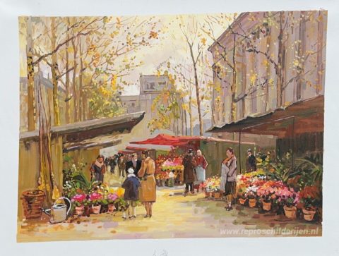 Bloemenmarkt in La Madeleine – met de hand geschilderde reproductie, foto van het voltooide schilderij