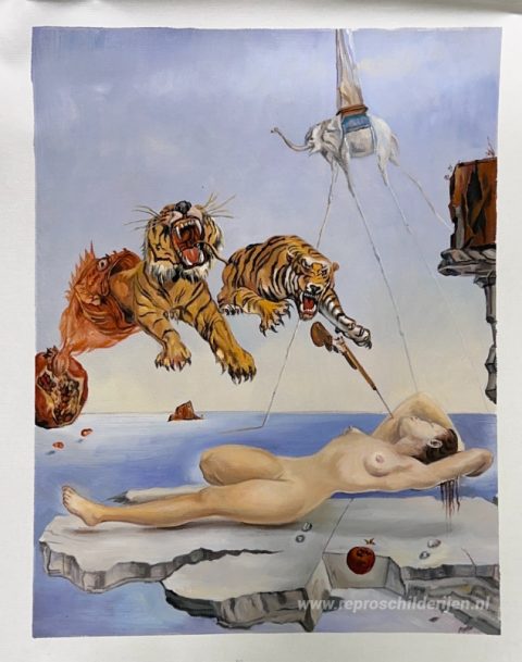 Droom veroorzaakt door de vlucht van een bij rond een granaatapp – met de hand geschilderde reproductie, foto van het voltooide schilderij