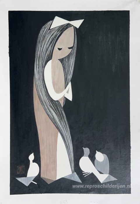 Duiven en meisje – met de hand geschilderde reproductie, foto van het voltooide schilderij