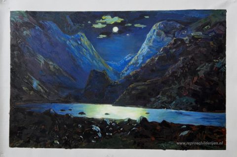Daryal-pas. Maanlicht nacht – met de hand geschilderde reproductie, foto van het voltooide schilderij