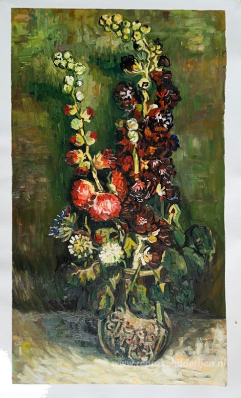 Vaas met stokrozen – met de hand geschilderde reproductie, foto van het voltooide schilderij