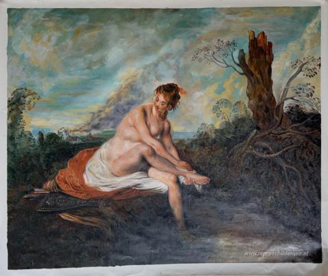 Diana in haar bad – met de hand geschilderde reproductie, foto van het voltooide schilderij