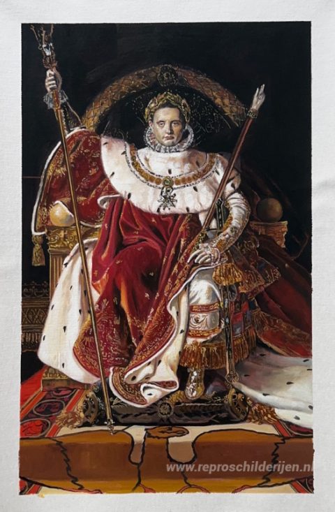 Portret van Napoleon op de keizerlijke troon – met de hand geschilderde reproductie, foto van het voltooide schilderij
