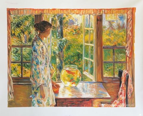 Kom met goudvissen – met de hand geschilderde reproductie, foto van het voltooide schilderij