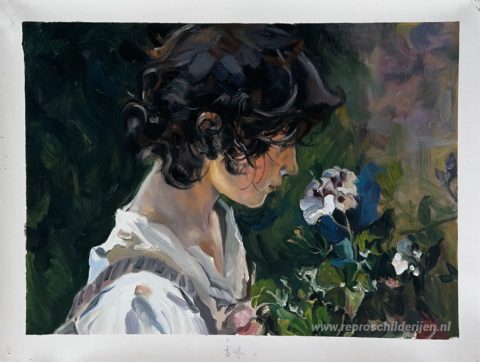 Italiaans meisje met bloemen – met de hand geschilderde reproductie, foto van het voltooide schilderij
