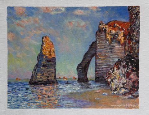 De Rock Needle en de Porte d'Aval – met de hand geschilderde reproductie, foto van het voltooide schilderij