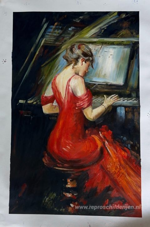 De vrouw in het rood – met de hand geschilderde reproductie, foto van het voltooide schilderij